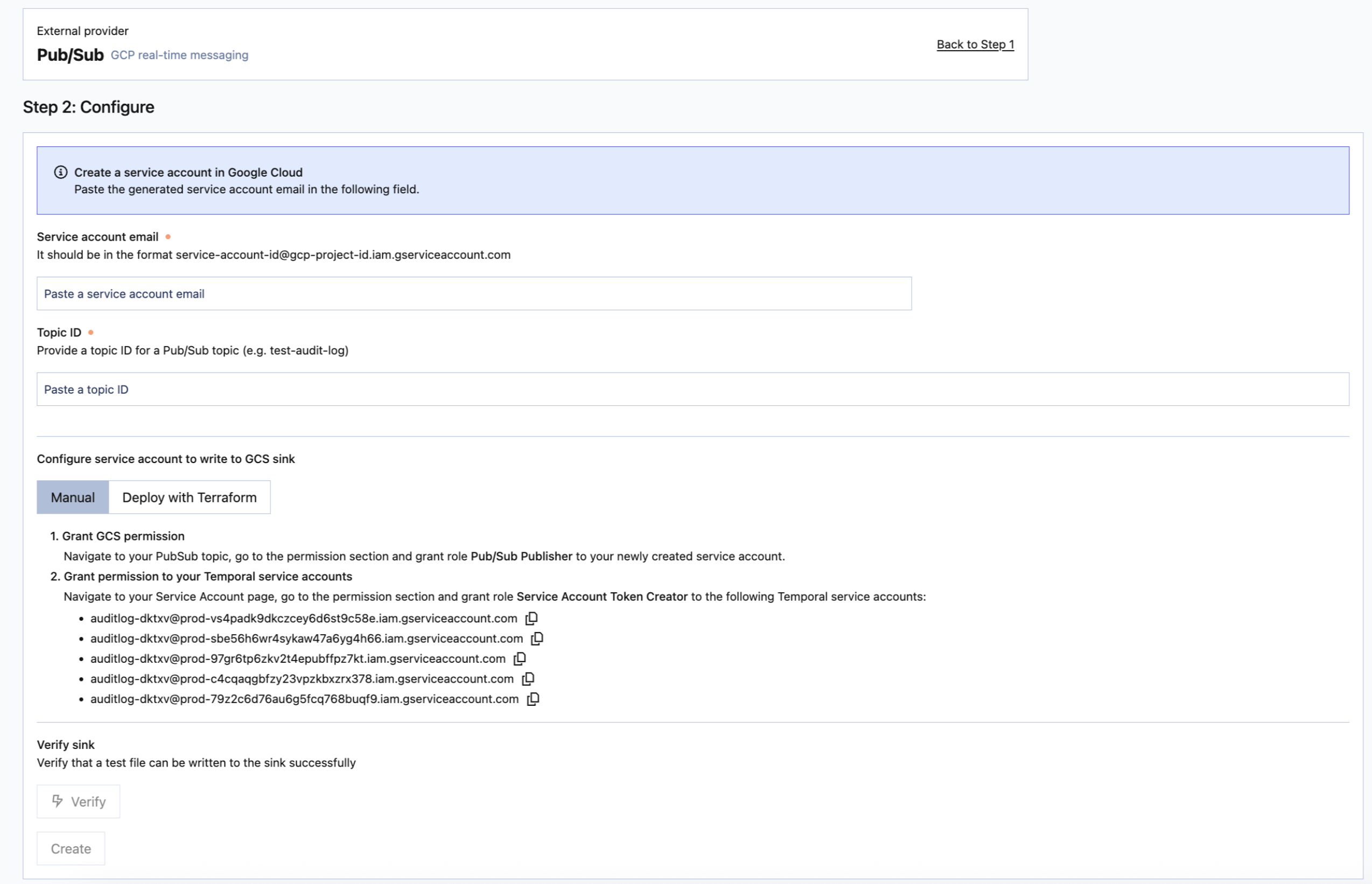 Temporal Cloud UI Setup for Audit Logging with GCP Pub/Sub